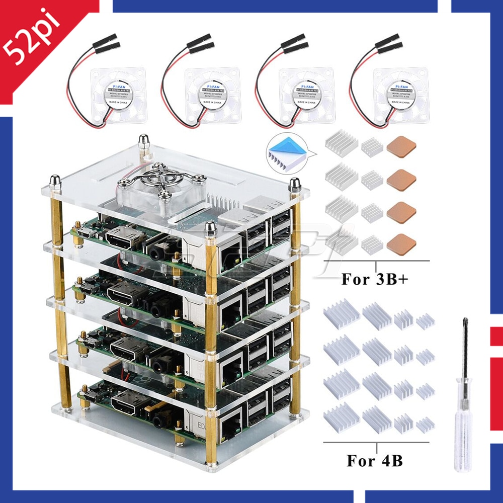 52Pi 4Layer Transparent Clear/Dark Brown Acrylic Case Cooling Fan Heatsink Screwdriver for Raspberry Pi 4 B / 3B+ / 3B/2B/B+