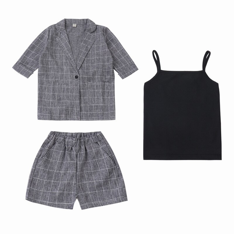 3Pcs Meisjes Pakken Kids Blazer Jacket + Vest + Shorts Outfits Kinderen Smoking Pak Voor Meisjes Blazer Wedding Party roze Grijs Kleur
