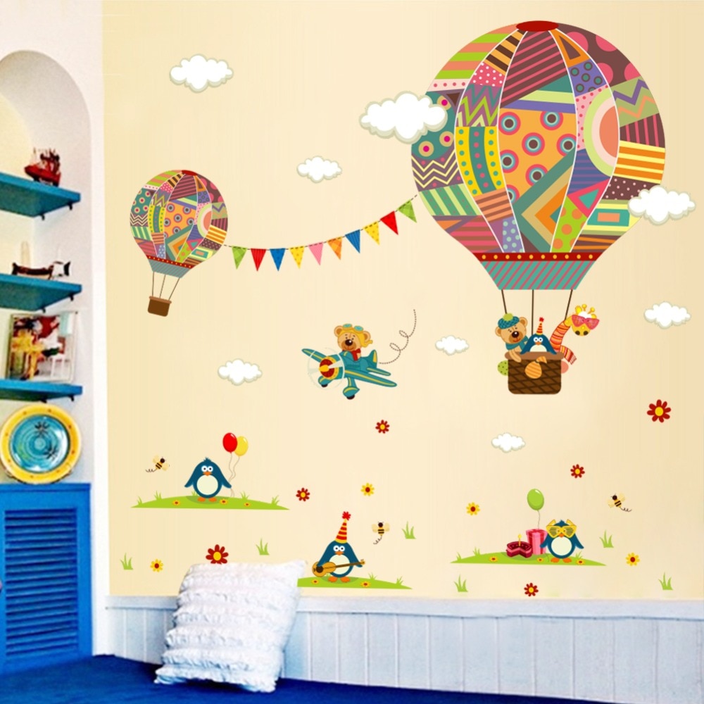 &amp; Cartoon Vliegtuig Beer Heteluchtballonnen Pinguïn Verwijderbare muursticker Nursery Decals Voor Kinderkamer Woondecoratie Muurschildering