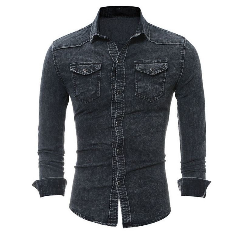 Denim skjorte mænd slim fit jeans skjorte langærmet cowboy stilfulde smarte skjorter vask toppe camisa masculina: Mørkegrå / M