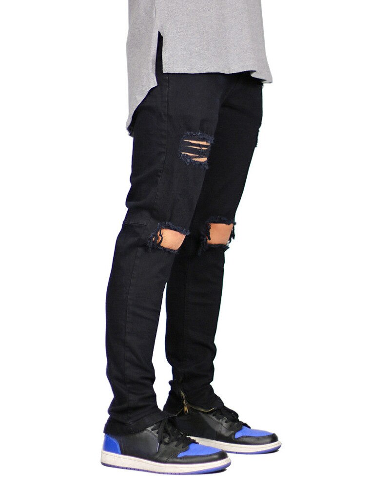 Vernietigde gescheurde jeans mannen uitgehold grote gaten bedel cropped denim broek broek casual heren skinny zijrits kokerbroek: Zwart / M