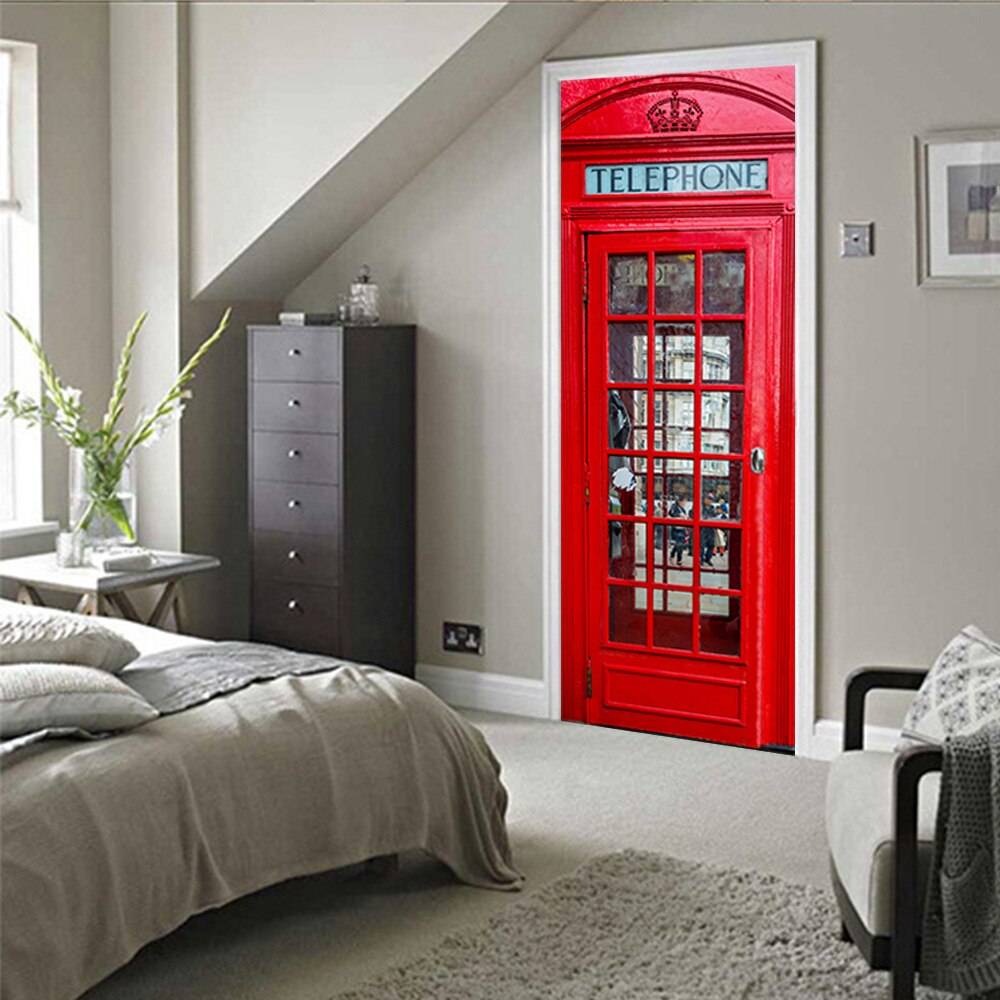 London Red Telephone Booth Home Wooden Door Renovation Decorative Painting Wall Sticker Door Sticker Bathroom Decoration