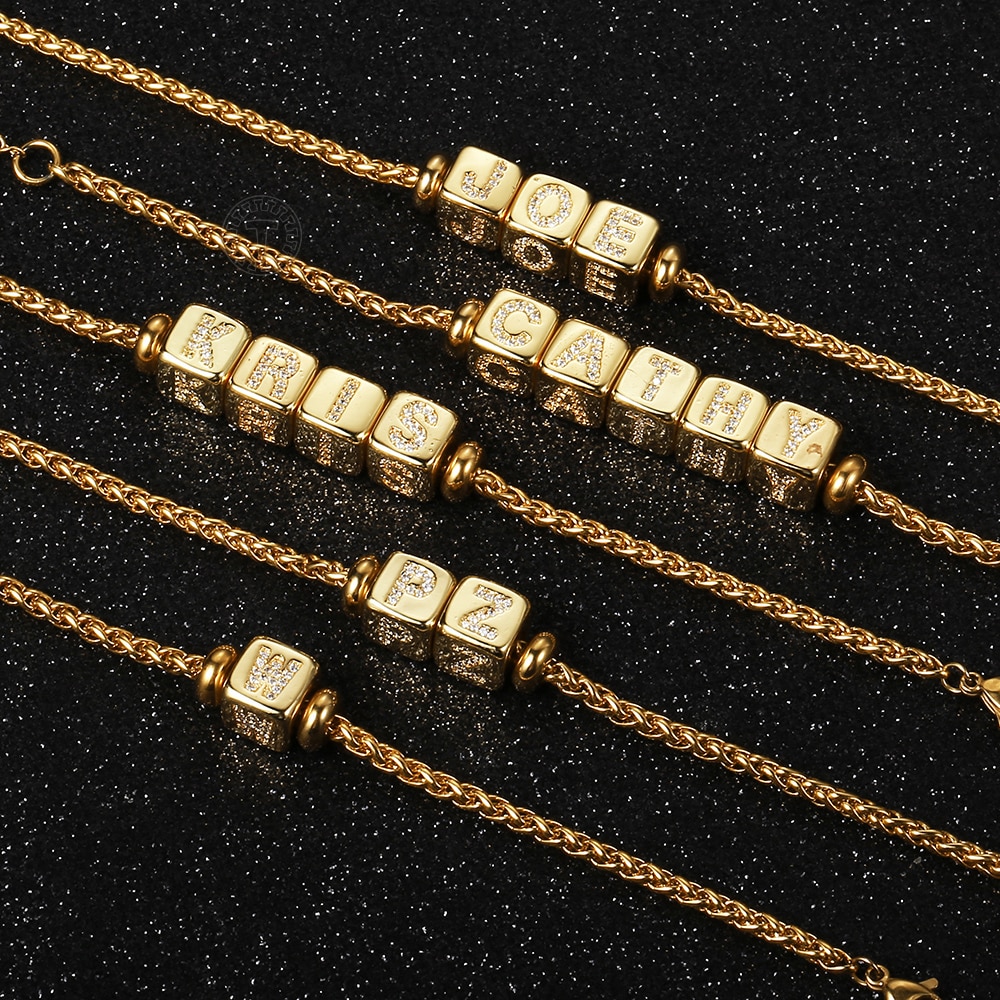 Pulsera con letras iniciales de A-Z para hombre y mujer, abalorios de cobre Micro pavé de cubo CZ, pulsera de cadena de trigo de 3mm, joyería con nombre artesanal, DB297