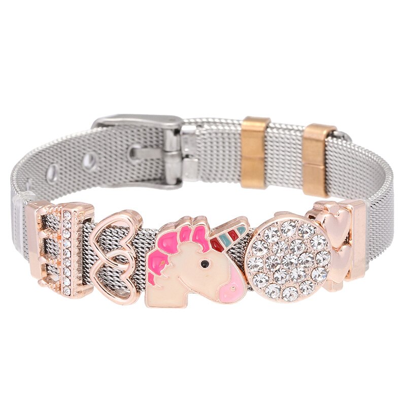 de joyería de acero inoxidable Keeper Mesh Bracelet Set con corazón Arco Iris unicornio finos dijes pulseras como para mujer: S005