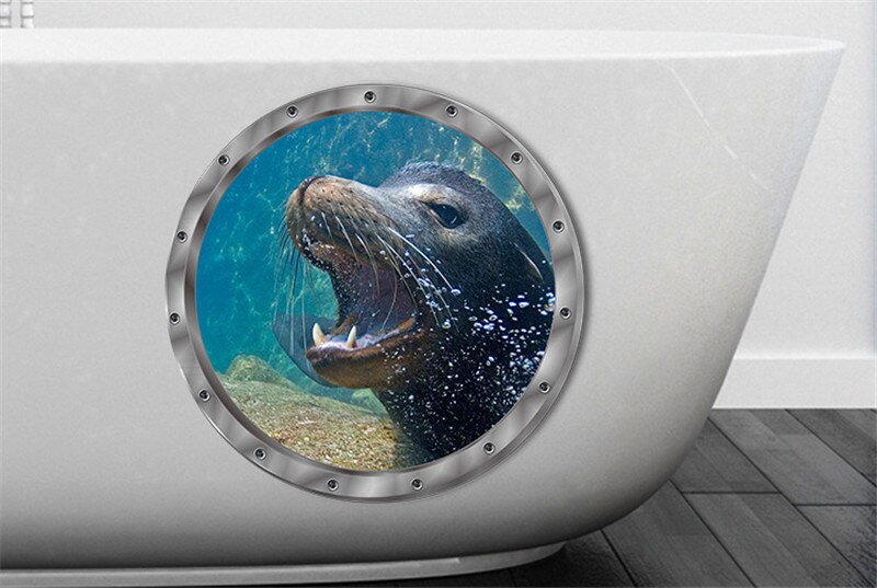 Underwater Scene Porthole Vinyl Wall Decal Seals Family Wall Art Ocean View 3D Illusion Kids Wall Decal Sea Outside Of Submarine