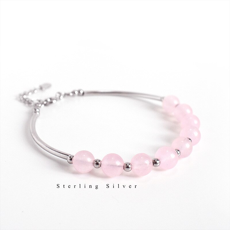 Pulsera de plata de ley 925 de cuarzo rosa Natural para mujer, brazalete de cadena, accesorios de joyería fina, YBR165