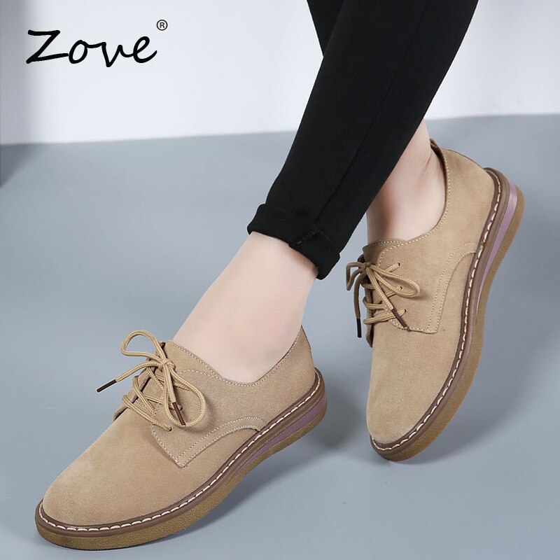 ZOVE Frauen Flache Schuhe Herbst Fette Oxford Schuhe Damen Wildleder Leder Mokassins lässig Schuhe Spitze hoch Oxfords Femme Flache schuh
