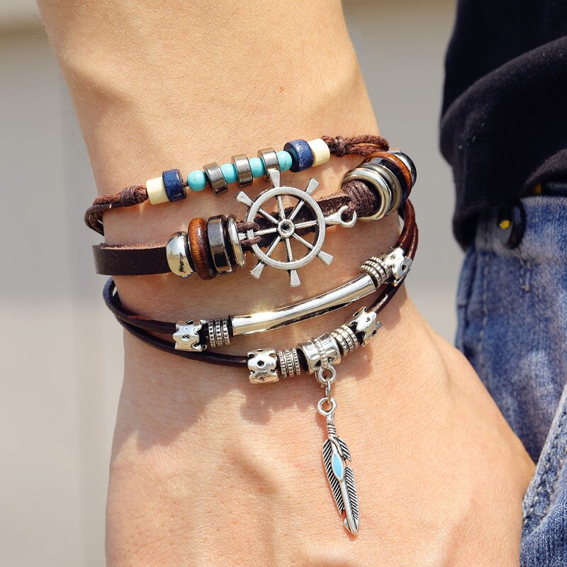 IFMIA Boho Adjustable Rope Bead Multilayer Leather Bracelet Set for Women Male Charms Feather Leaf Bracelet Bangles Jewelry