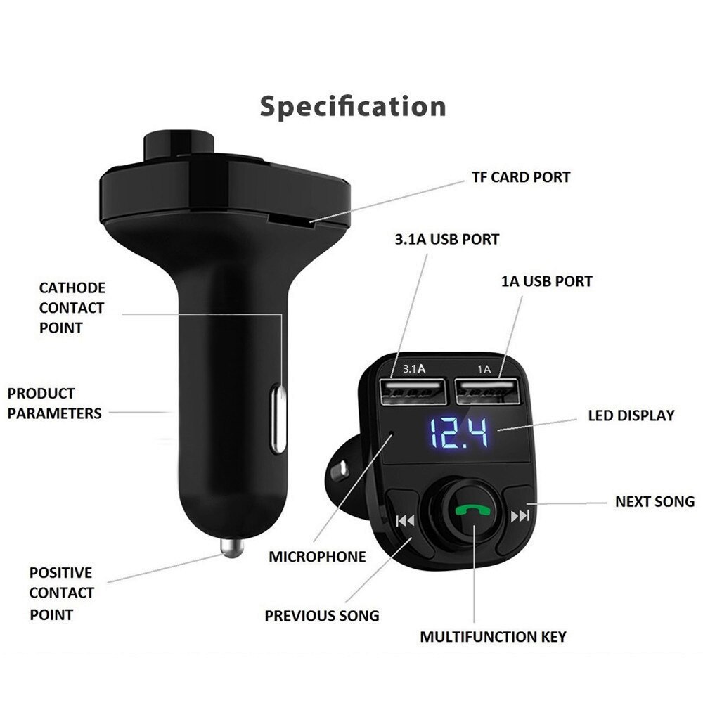 Auto-fm-transmitter mit bluetooth 5.0,  mp3- player-modulator, adapter, batteriespannung, tf-karte, freisprecheinrichtung, dual-usb, smart-chip #y3