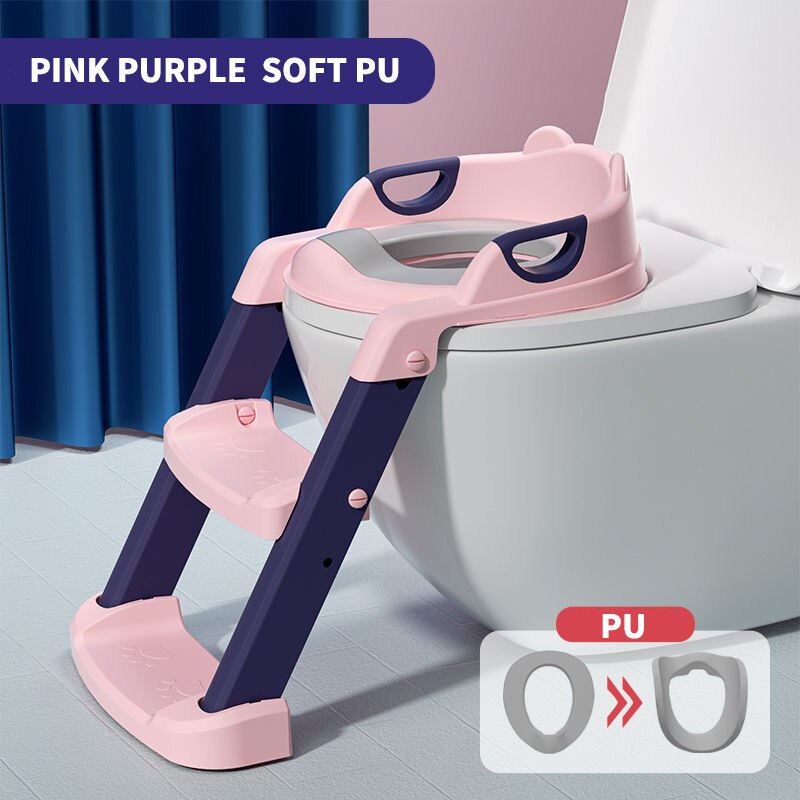 Folding Infant Potty Training Seat Urinal Backrest Chair With Step Stools Ladder For Baby Toddlers Boys Girls Safe Toilet Seat: PINK BLUE PU