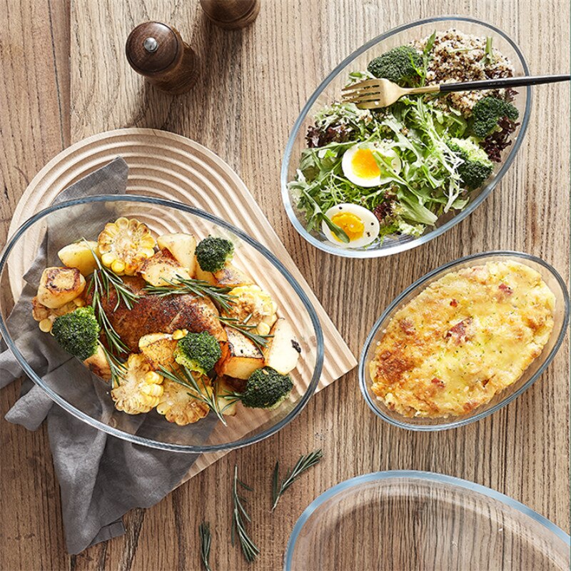 Heat Resistant Glass Dessert Plate Household Microwave Oven Baking Tray Oval Transparent Salad Fish Plate Tableware