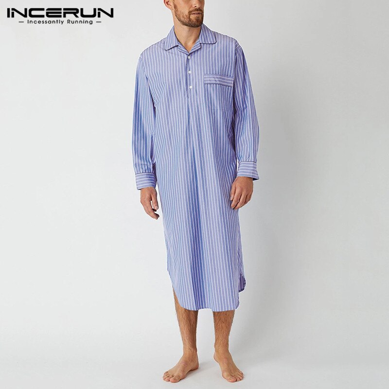 Mannen Gestreepte Gewaden Leisure Revers Lange Mouw Knop Comfortabele Homewear Nachtjapon Casual Heren Badjassen Nachtkleding S-5XL Incerun