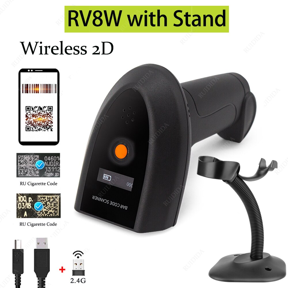 Handheld kabellos 2d Leser Drahtlose Scanner 2D Bluetooth Bar Code Scanner qr Code Scanner PDF417 Für Supermarkt Einkaufen Warehous: RV8W mit Stand