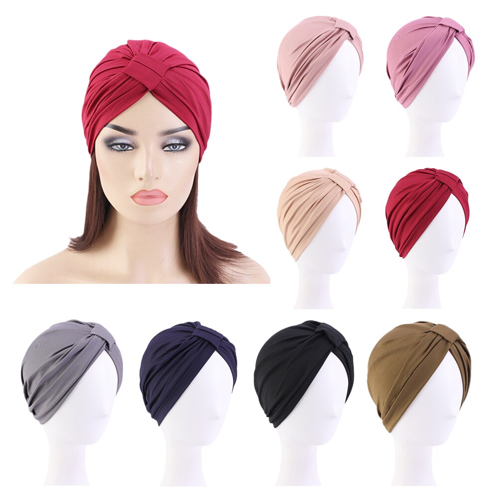 Indiase Vrouwen Modal Katoen Geplooide Hoed Chemo Haaruitval Kanker Tulband Motorkap Hoofd Sjaal Wrap Strech Bandana Cover Beanie Arabische cap