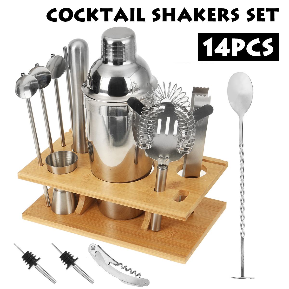 14pcs/set 550/750ml Stainless Steel Cocktail Shaker Mixer Drink Bartender Bareware Tools Set With Bamboo Wood Rack Stand