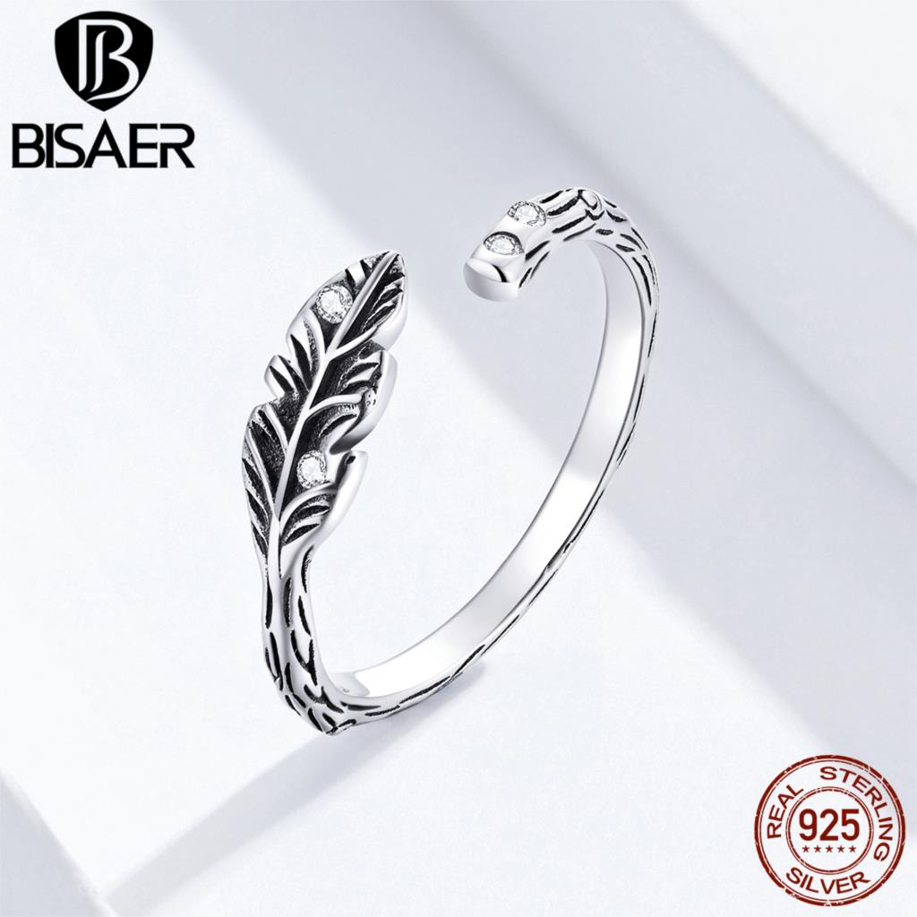 Leaves Finger Rings BISAER 925 Sterling Silver Tree of Life Openwork Women Rings Sterling Silver Jewelry ECR639