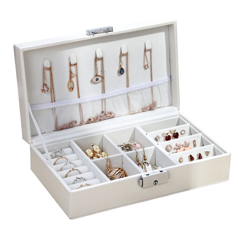 Leather Jewelry Organizer Ring Pendant Earrings Necklace Storage Box Women Jewelry Display Boxes Cosmetics Beauty Container Case: White