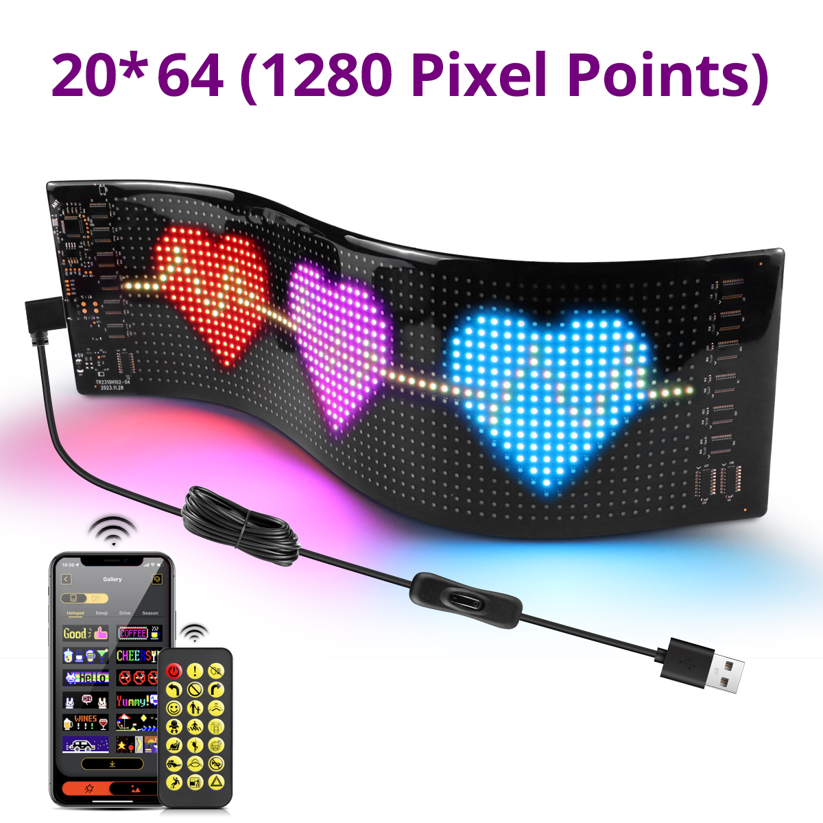 Bluetooth Smart USB LED Strip Pixels Matrix Display Sign RGB Car Advertising Light Programmable Scrolling Text Animation Pattern: WHITE