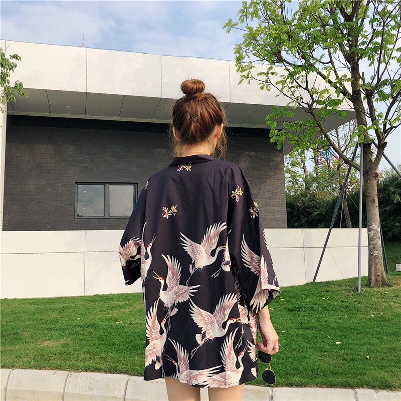 Vintage Crane Print Casual Cardigan Kimono Outerwear
