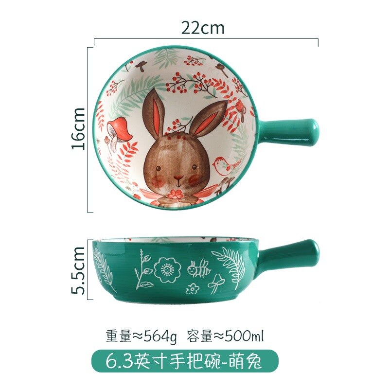 Cartoon Handle Bowl Household Fruit Salad Bowl Tableware Cute Animals Instant Noodle Bowl Ceramic Baking Bowl: C