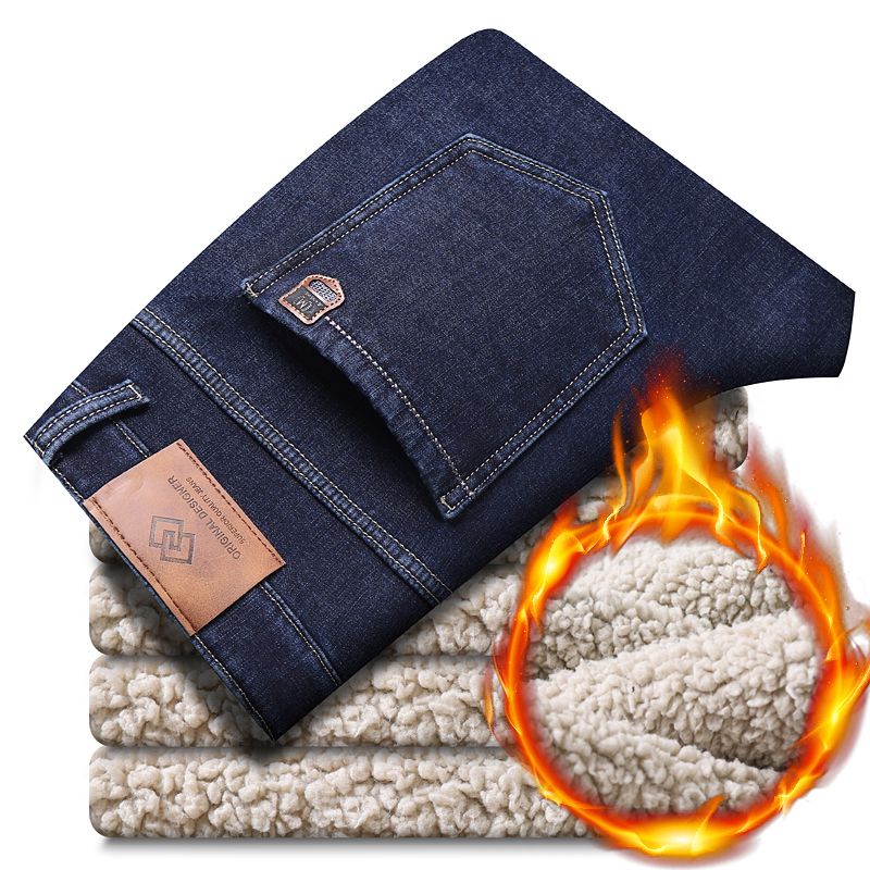 Pantalones vaqueros de lana cálidos de invierno para hombre 2025, pantalones vaqueros térmicos informales gruesos elásticos rectos, pantalones de trabajo de negocios para hombre, nueva ropa para hombre: 40 / Azul
