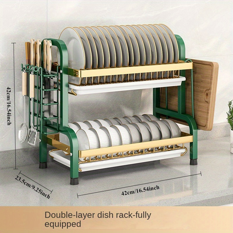 Estante para secar platos, estante compacto para platos de cocina, juego de escurridor, escurridor de platos grande a prueba de herrumbre con soporte para utensilios