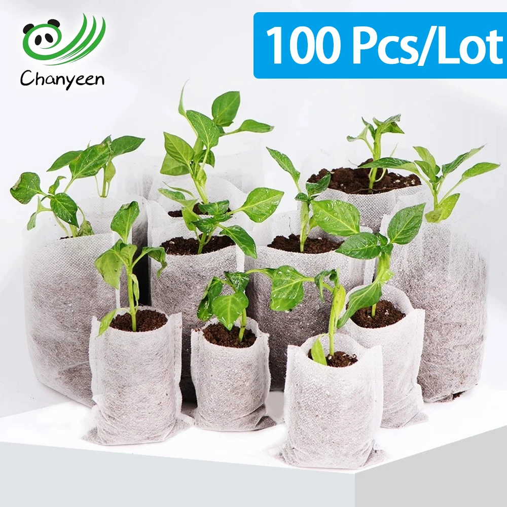 100 stk. planteposer, planteskoleposer, frø til såning, blomsterpotter, bionedbrydeligt ikke-vævet stof til hjemmet, havetilbehør, værktøj