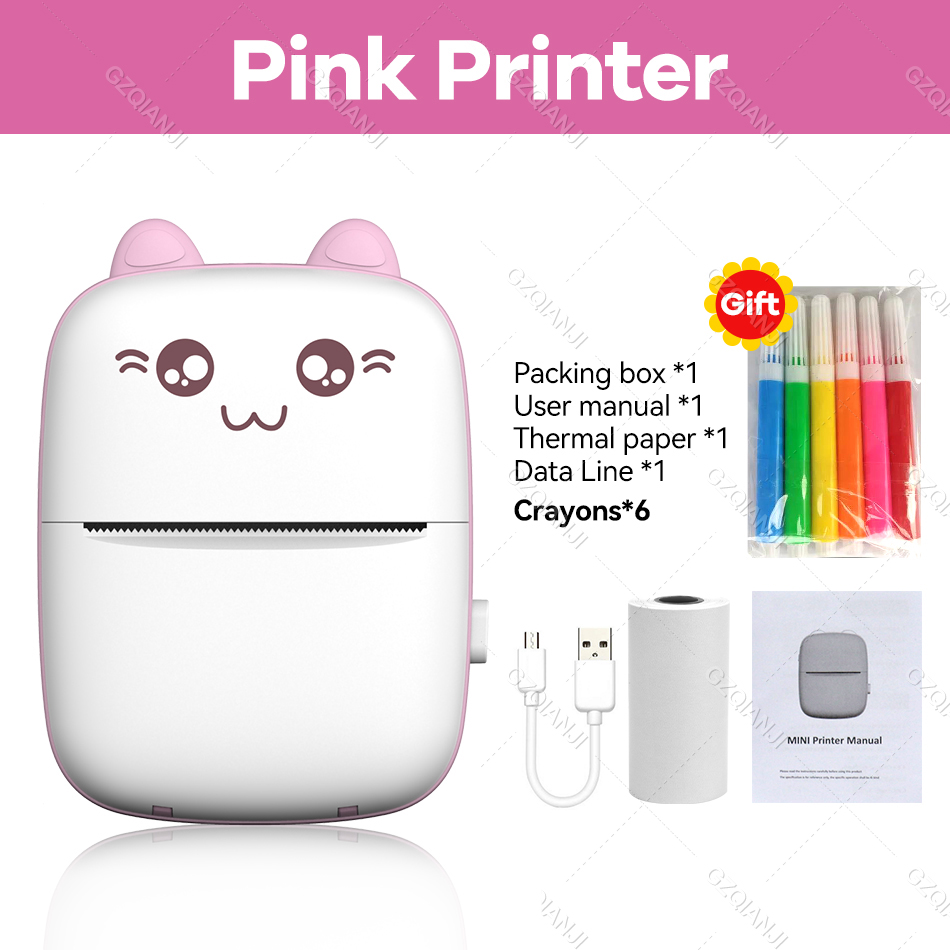 Thermal Printer 203DPI Portable Bluetooth 4.0 Thermal Photo Printer Wireless Inkless Mini Pocket Label Notes Printer With Papers: Pink Printer