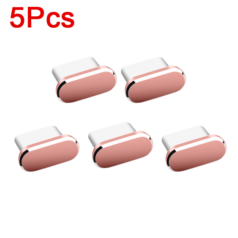 5 bouchons anti-poussière en métal pour Port de chargement de téléphone de Type C, couvercle de protection anti-poussière, capuchon étanche, décoration pour Samsung Xiaomi: Rose