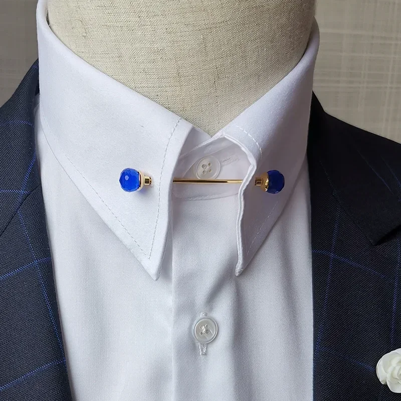 Épingle de col tendance pour hommes, chemise ronde à multiples facettes, trou de boule de cristal, épingles de collier, accessoires d&#39;affaires, peut dévisser: Blue-Gold