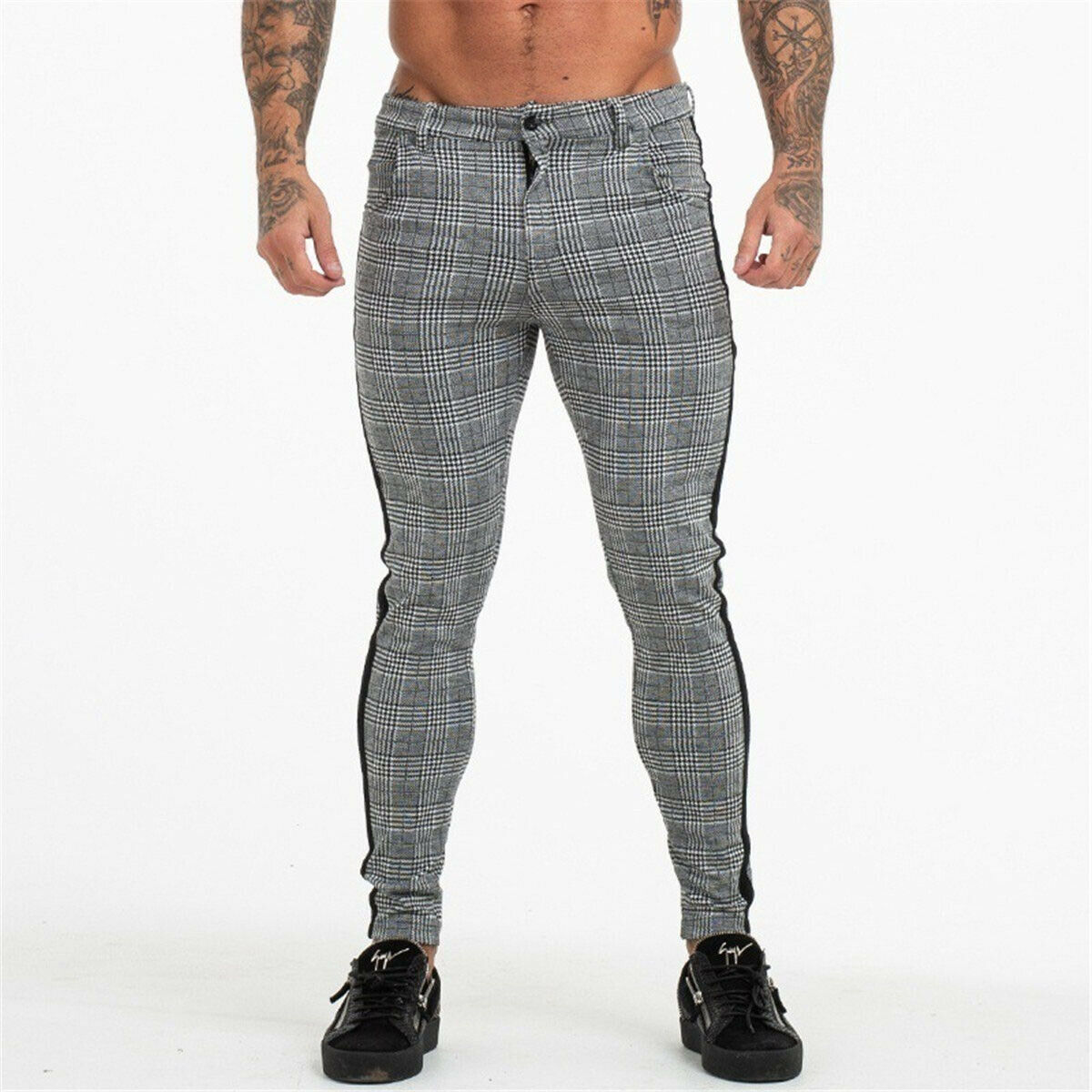 Mens Slim Fit Trousers Trainning & Exercise Pants Check Casual Pants Joggers Tartan Jogging Skinny Bottoms