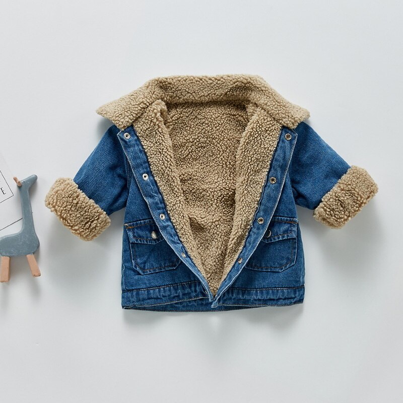 Winter Jas Voor Baby Meisjes Jongens Turn-Down Kraag Fleece Warm Denim Jacket Lange Mouwen Dikke Uitloper Warm kleding E1409