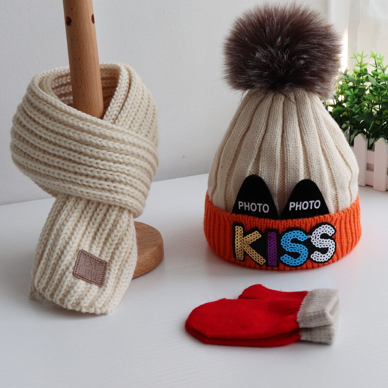 Conjunto de tres piezas de guantes para sombrero y bufanda para niños y niñas, en otoño e invierno, precioso gorro de lana tejido y bufandas cálidas: white orange   white