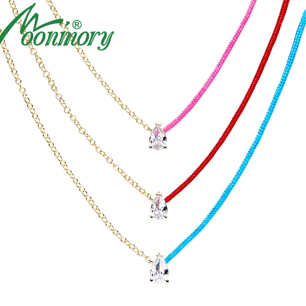 Moonmory Real 925 Sterling Silver Redline String Necklace With Zircon Pear Charm Choker For Women Jewelry Pink Blue