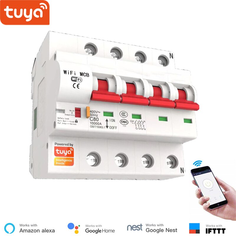 Disjoncteur WiFi intelligent Tuya Smart Life 16A, Protection contre les courts-circuits, Compatible avec Alexa Echo Google, télécommande: 4P 16A
