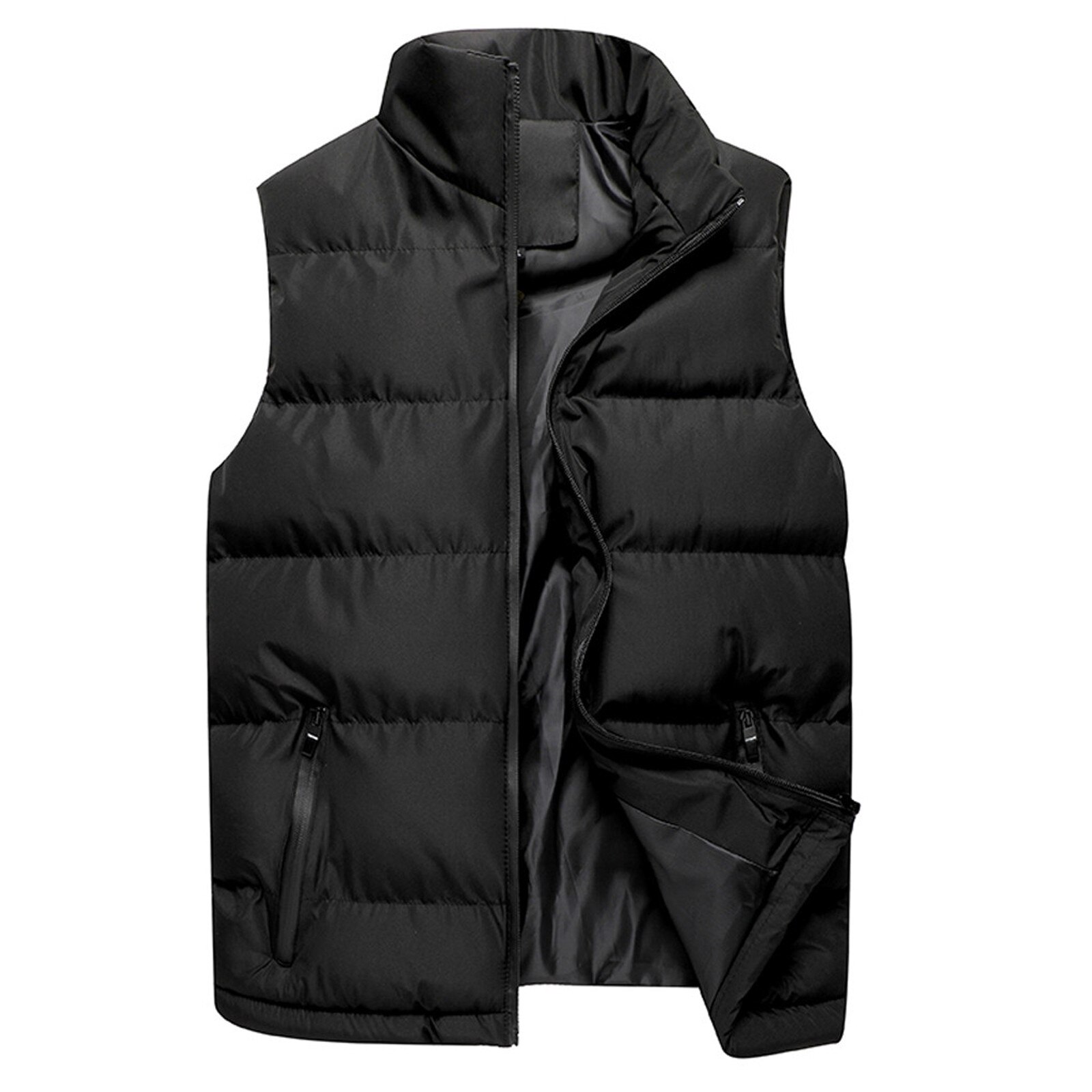 Hommes Veste Sans Manches Gilet Hiver Mâle Couleur Pure Gilet Gilet Manteaux Homme Col Montant Épaissir Grande Taille Gilets: Black / 5XL
