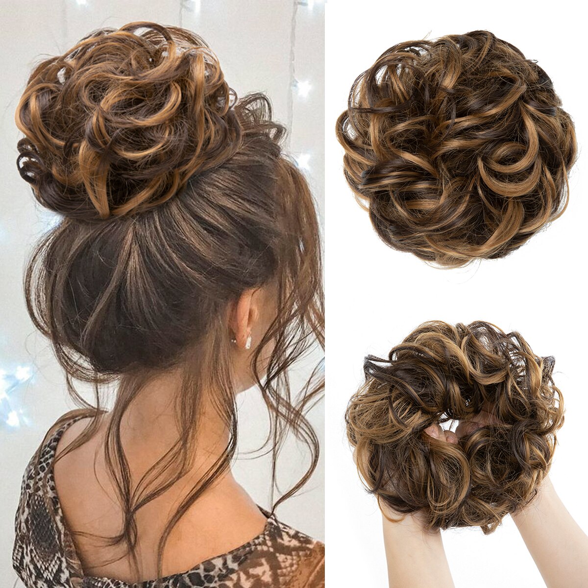 Extensiones de moño de pelo sintético desordenado, moño grande y rizado, gomas para el pelo elásticas, postizos, Donut Updo, piezas de cabello para mujer