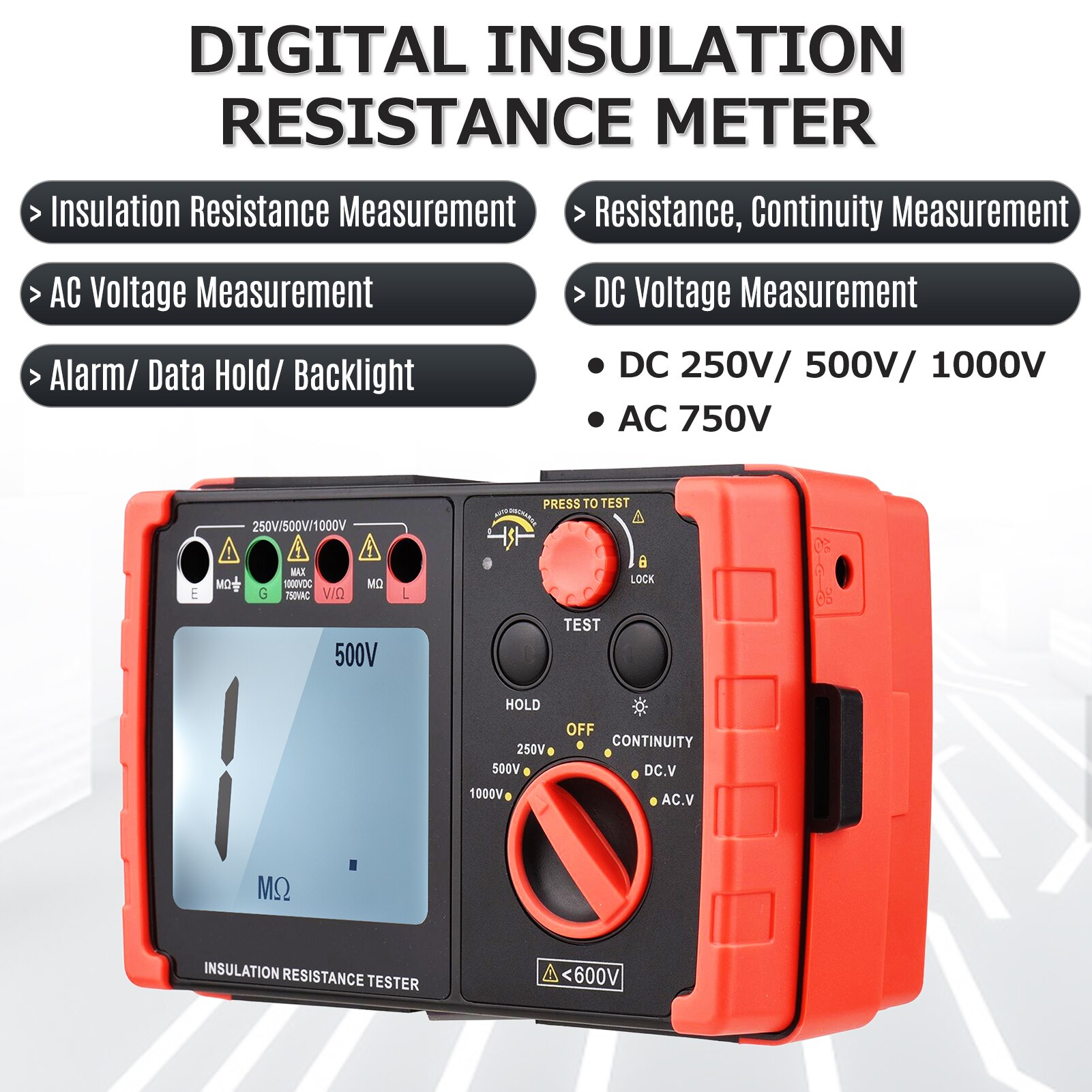Digital Insulation Resistance Tester with LCD Backlight DC 250V/ 500V/ 1000V AC 750V Multifunction Insulation Resistance Meter