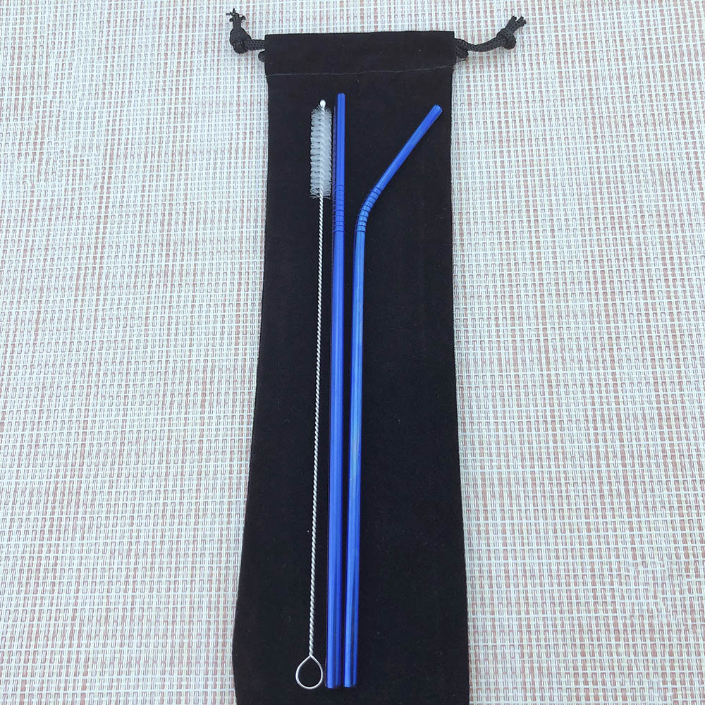 Jankng 2 stuks kleurrijke blauwe rietjes 304 roestvrijstalen rietjes 16/19/21/23/26cm drinkrietjes herbruikbare gebogen metalen rietjes met borstel