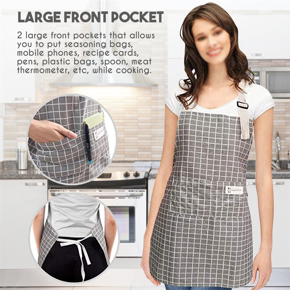 cooking apron with pockets, adjustable cotton and linen kitchen apron, chef apron suitable for ladies and men