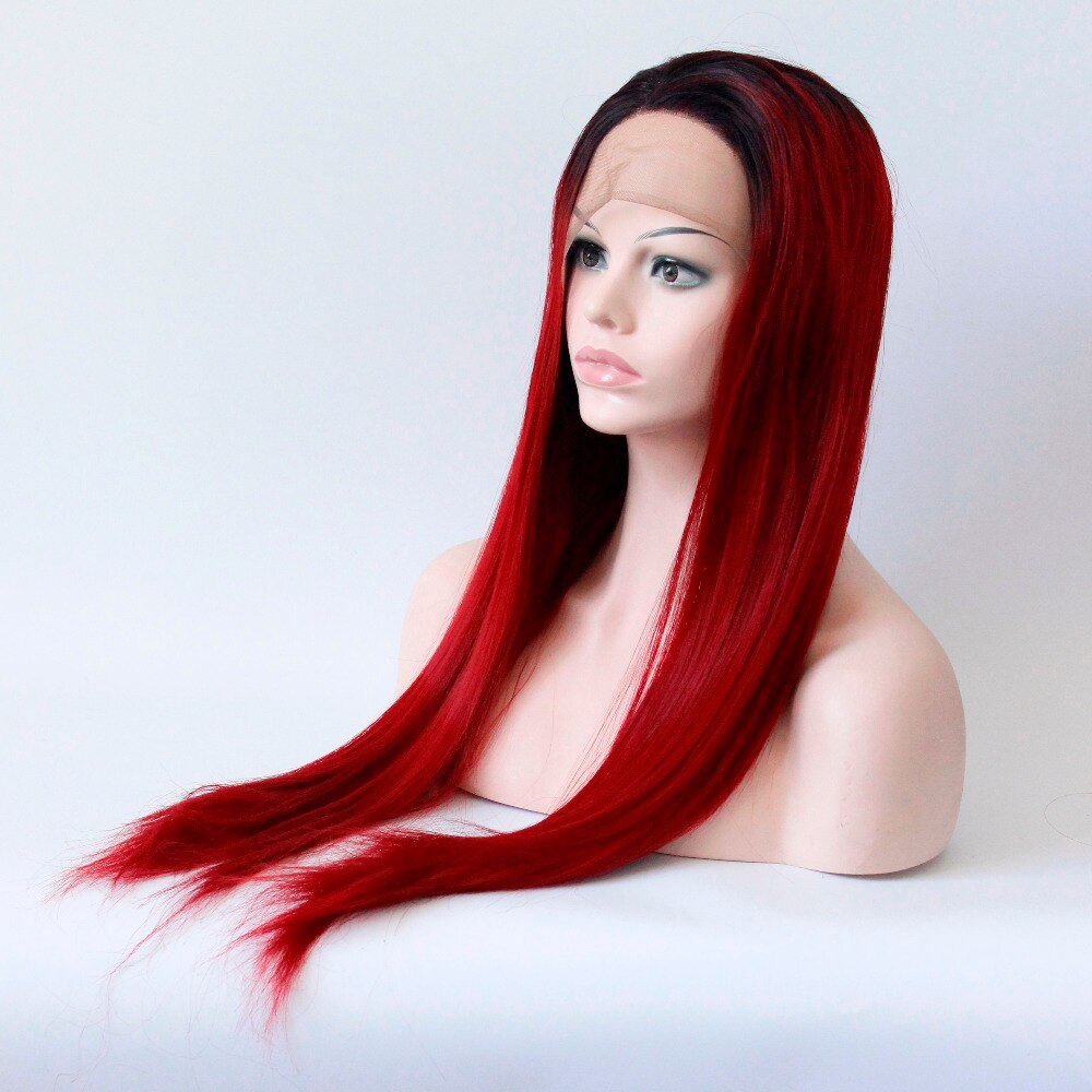 V'NICE-pelucas con encaje frontal sintético para mujer, pelo largo y recto, fibra sintética de alta temperatura, color negro a rojo vino