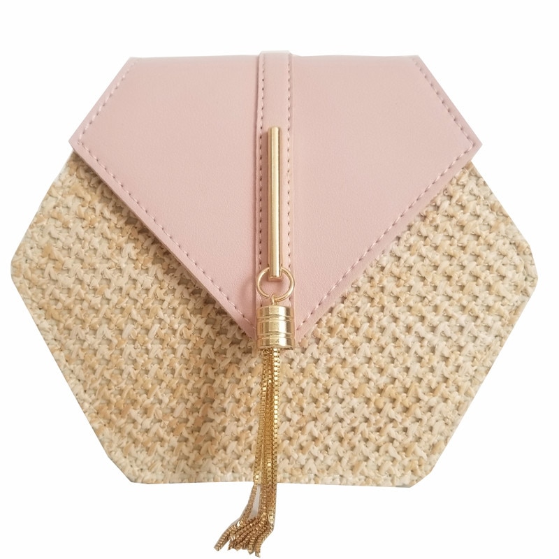 Hexagon Mulit Style Straw+leather Handbag Women Summer Rattan Bag Handmade Woven Beach Circle Bohemia Shoulder Bag: Pink