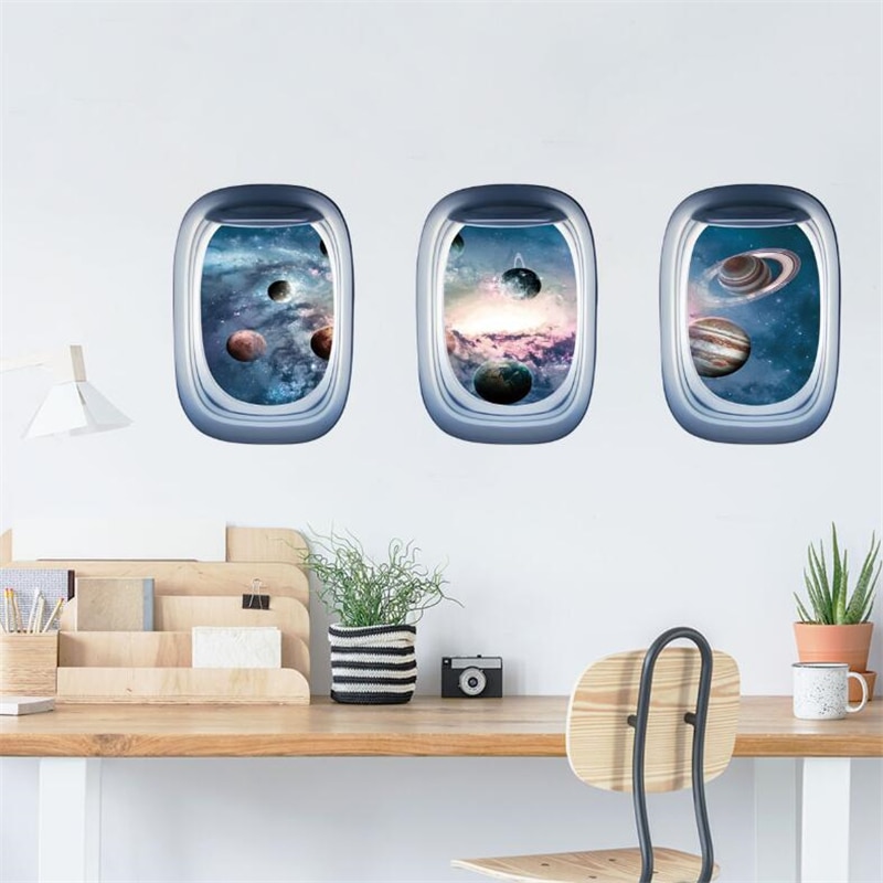 3D Spaceship Window Wall Stickers For Children's Room Bedroom Living Room Wall Decoration Door Sticker Art Mural
