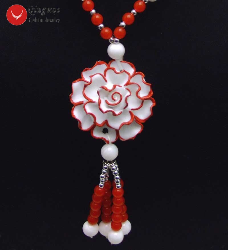 Qingmos 40Mm Red Keramiek Bloem Hanger Ketting Voor Vrouwen Tridacna Wit Shell Giant Clam Lange Ketting 26 &quot;trui