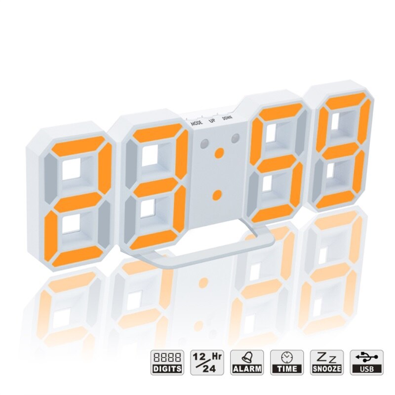 24/12 Hour Display 3D Table Clock Calendar Temperature Display Brightness Adjustable Watch Alarm LED Digital Clock Wall Hanging: WHite-Orange LED
