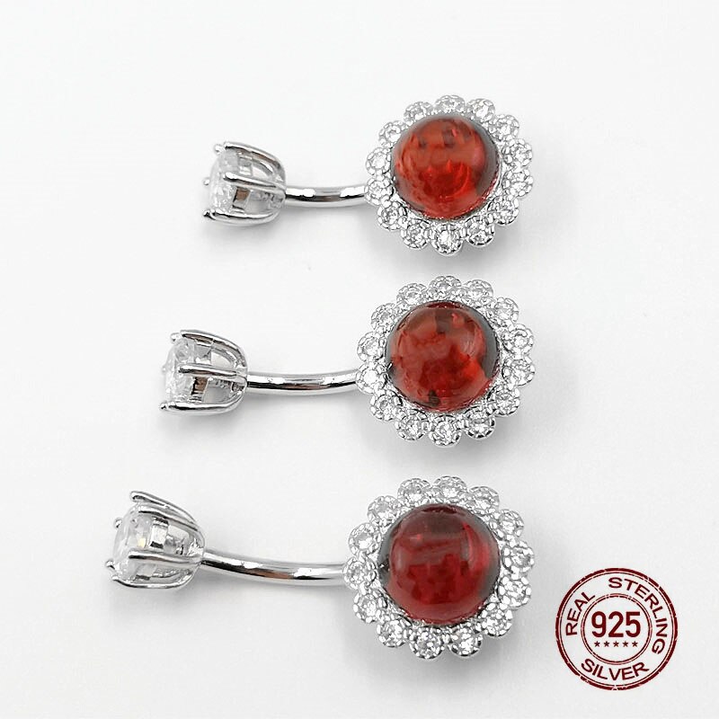 HelloLook Garnet Barbell Navel Ring 925 Sterling Silver Navel Piercing Anti-Allergy Belly Button Ring Body Piercing Jewelry