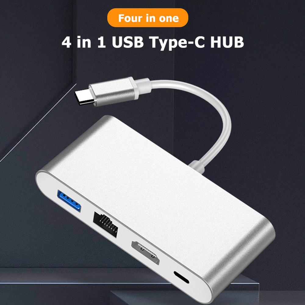 HW-TC42 4 in 1 USB Type-C HUB USB3.0 PD RJ45 Ethernet Dock Adapter RJ45 Gigabit Ethernet Port+ USB3.0 + PD for Laptop&Phones