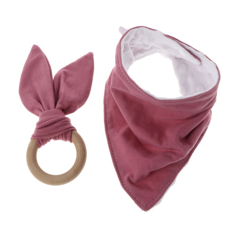 1 Set Baby Rabbit Ears Teether Cotton Bibs Infant Saliva Towel Care Set Baby Bib N1HB: Dark Pink
