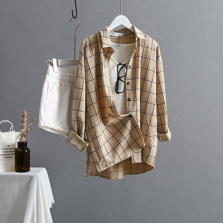 Dam rutig oversize blus batwing ärm fram kort bak lång skjorta turn-down krage casual topp  t96601f: Khaki blus / M