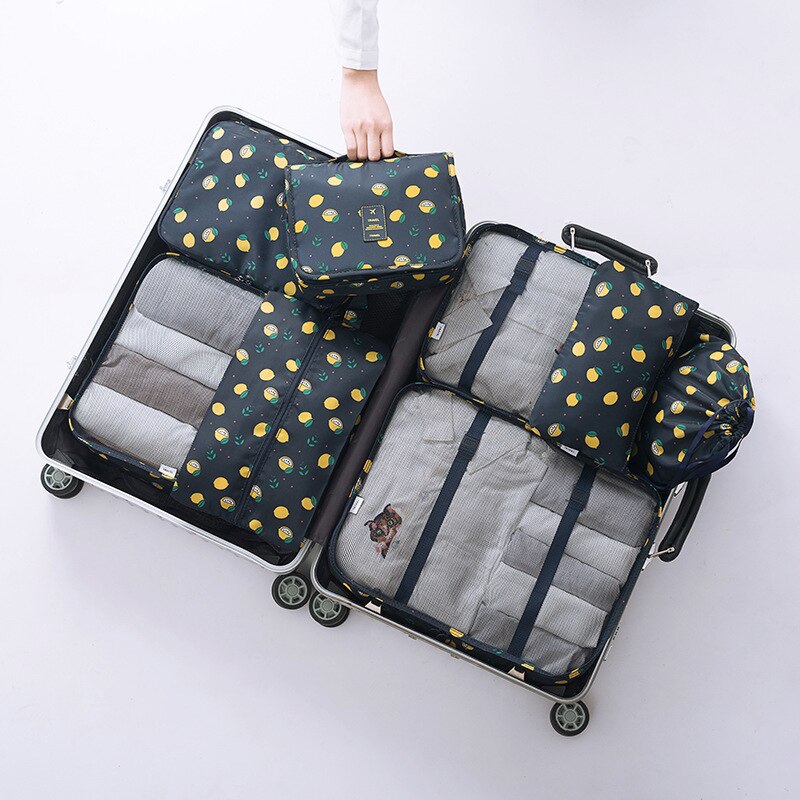 8Pcs/set Large Capacity Luggage Travel Bag Clothes Underwear Cosmetic Storage Bag Baggage Packing Suit Organizer Wash Bags: black lemon